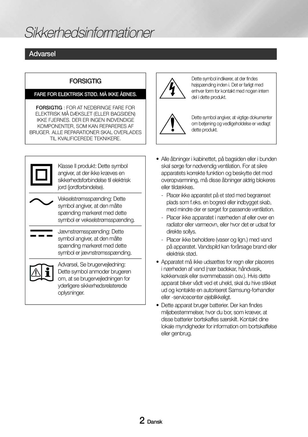 Samsung UBD-M7500/XE manual Sikkerhedsinformationer, Forsigtig 