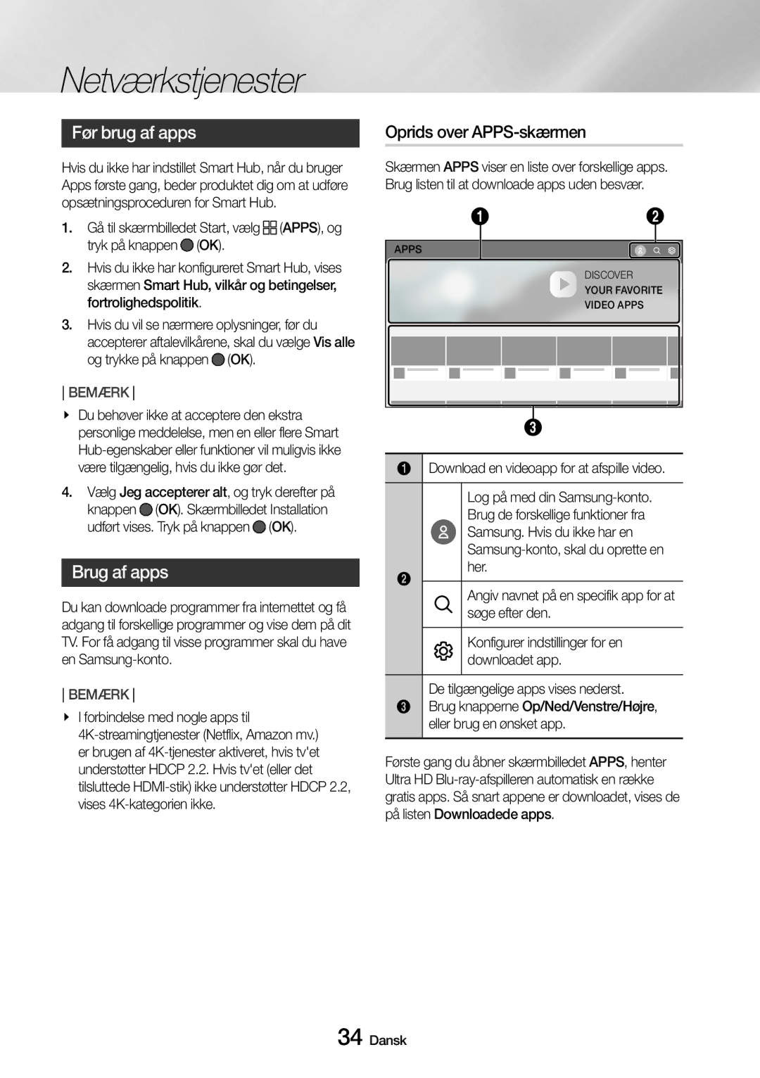 Samsung UBD-M7500/XE manual Før brug af apps, Brug af apps, Oprids over APPS-skærmen 