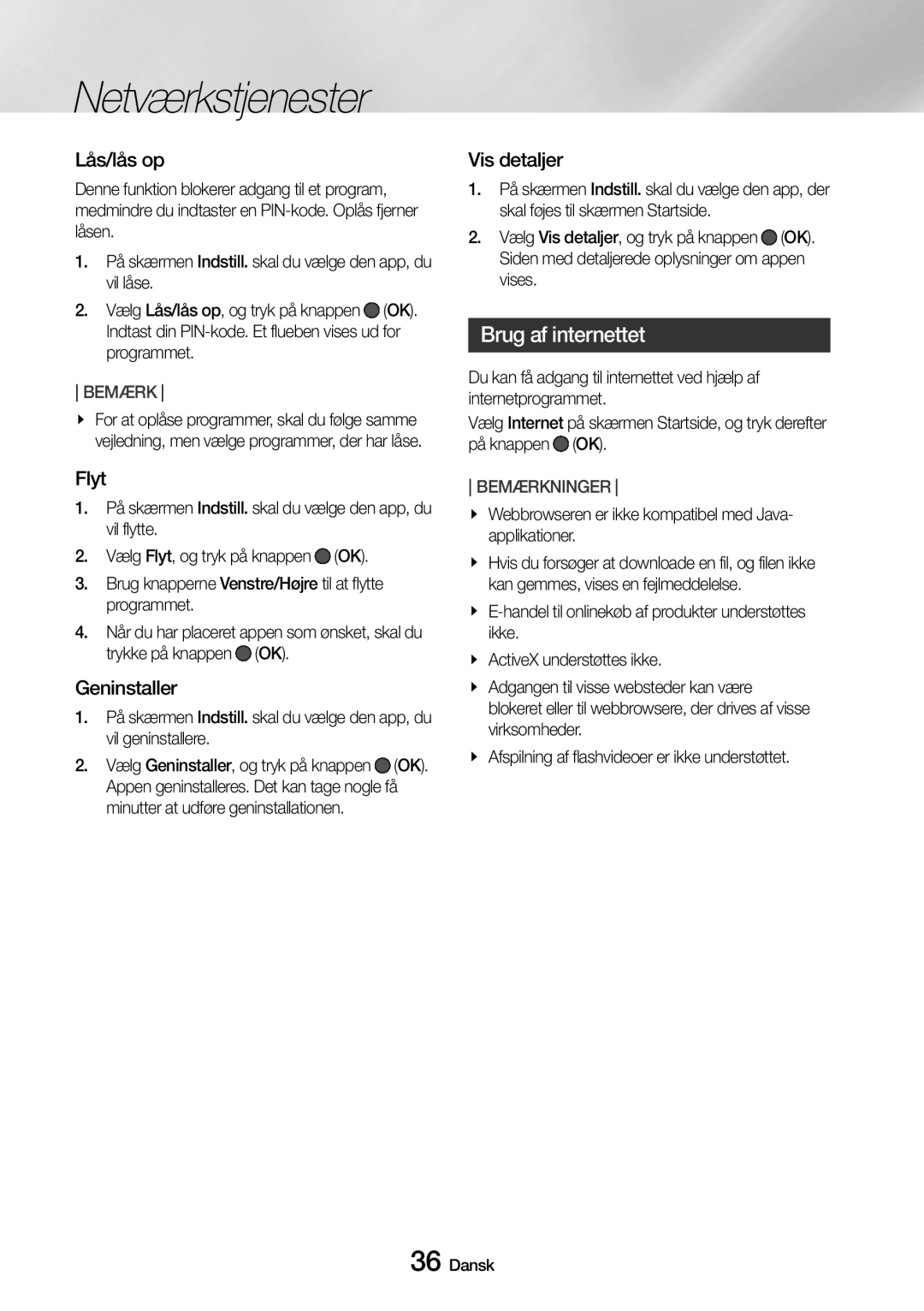 Samsung UBD-M7500/XE manual Brug af internettet, Lås/lås op, Flyt, Geninstaller, Vis detaljer 