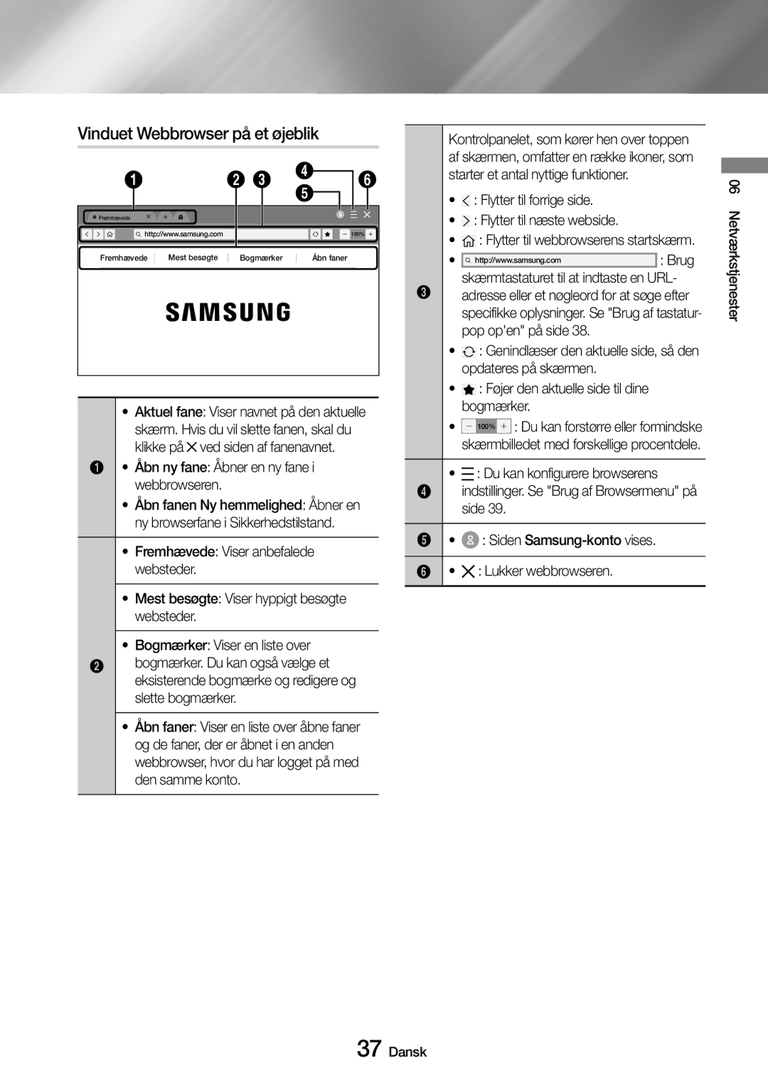 Samsung UBD-M7500/XE manual Vinduet Webbrowser på et øjeblik 