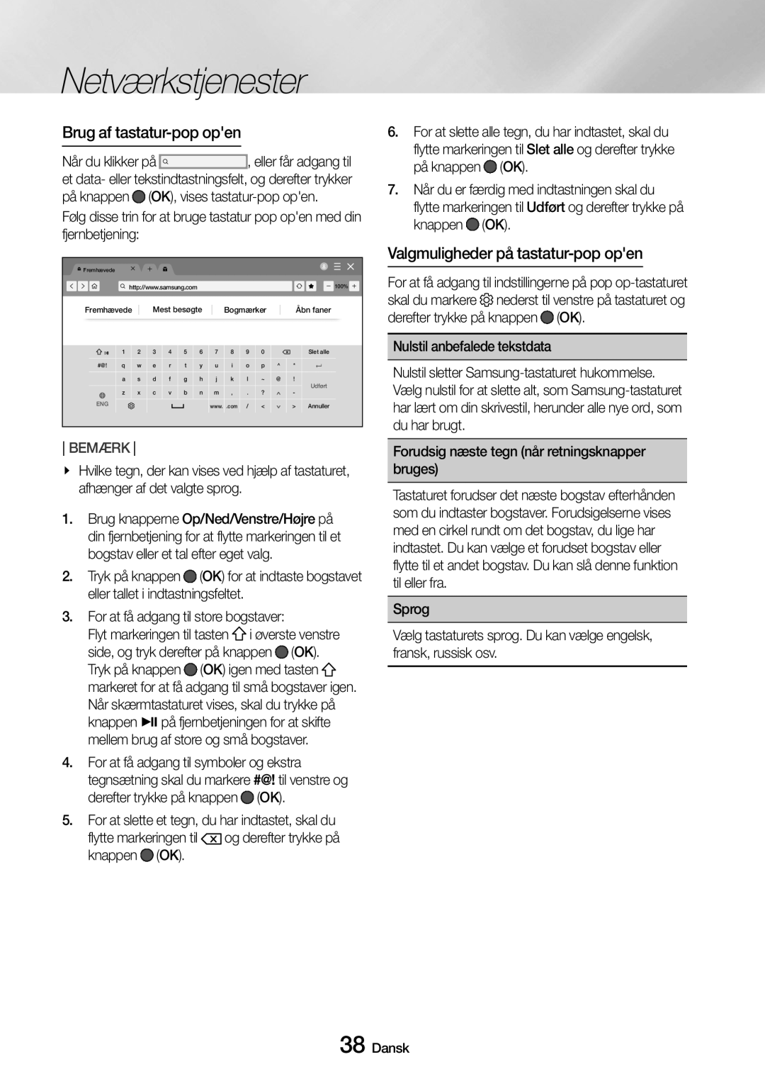 Samsung UBD-M7500/XE manual Brug af tastatur-pop open, Valgmuligheder på tastatur-pop open 