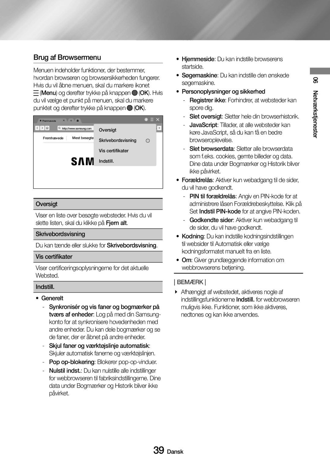 Samsung UBD-M7500/XE manual Brug af Browsermenu, Slet oversigt Sletter hele din browserhistorik 