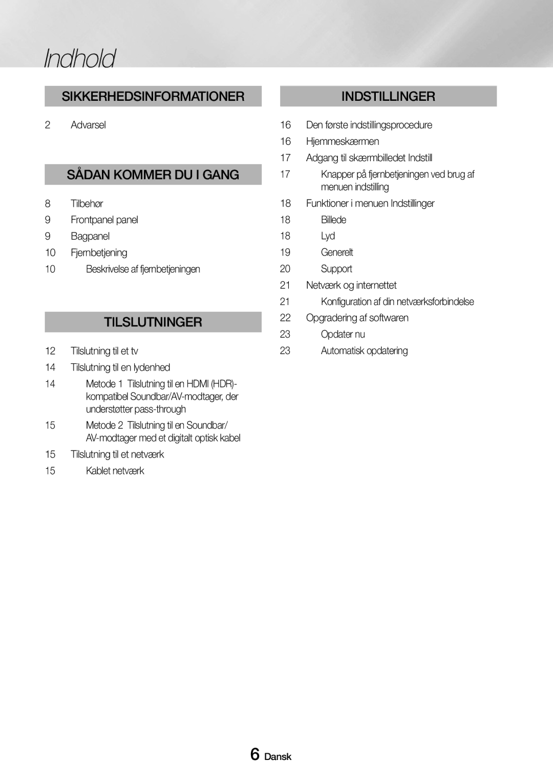 Samsung UBD-M7500/XE manual Indhold, Tilbehør Frontpanel panel Bagpanel Fjernbetjening, Tilslutning til et netværk 