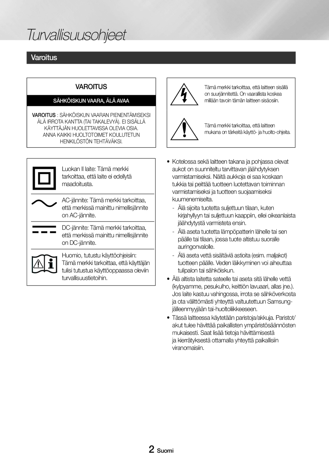 Samsung UBD-M7500/XE manual Turvallisuusohjeet, Varoitus 