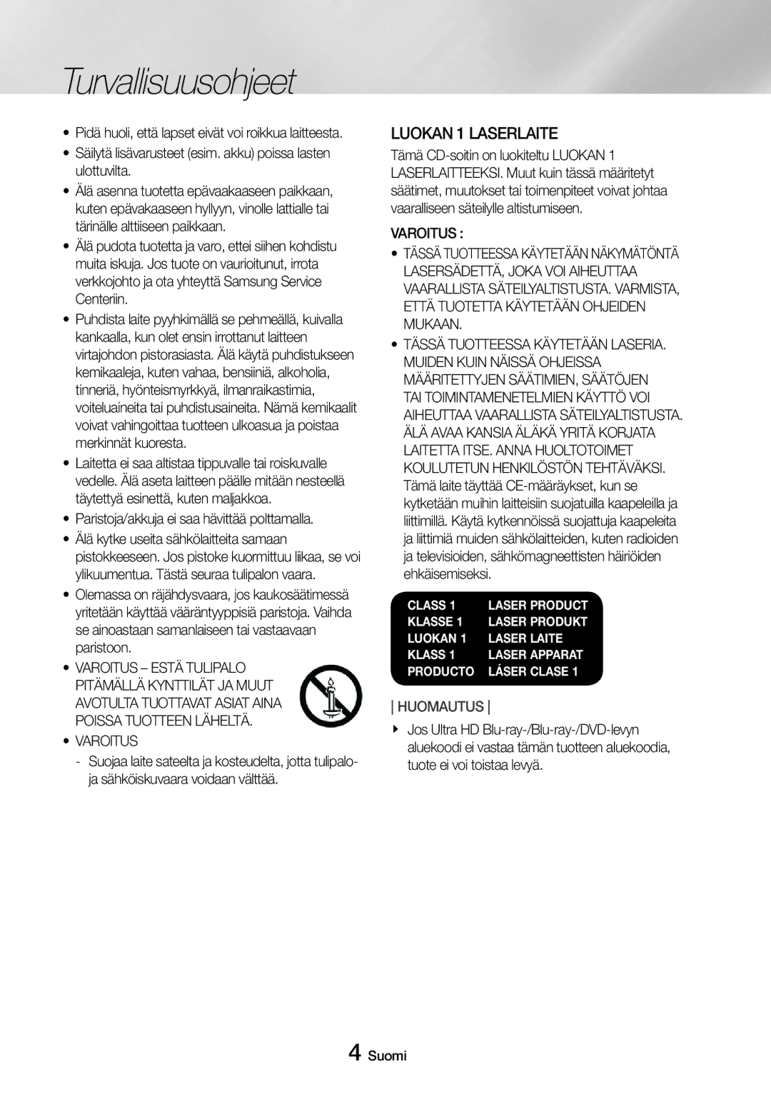 Samsung UBD-M7500/XE manual Säilytä lisävarusteet esim. akku poissa lasten ulottuvilta, Varoitus 