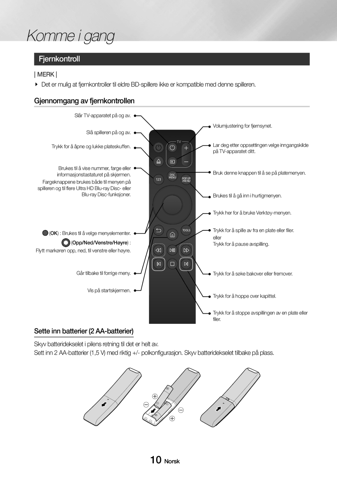 Samsung UBD-M7500/XE manual Fjernkontroll, Gjennomgang av fjernkontrollen, Sette inn batterier 2 AA-batterier 