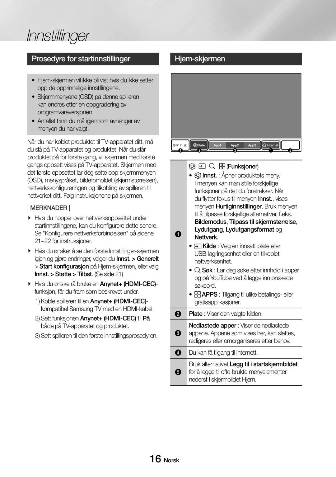 Samsung UBD-M7500/XE manual Innstillinger, Prosedyre for startinnstillinger, Hjem-skjermen 