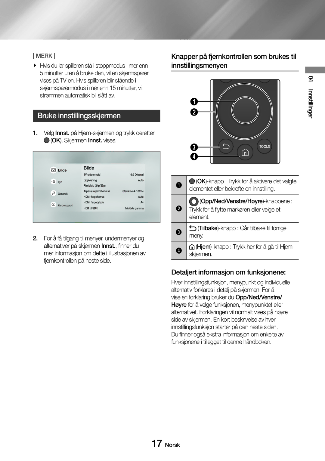 Samsung UBD-M7500/XE manual Bruke innstillingsskjermen, Detaljert informasjon om funksjonene, Skjermen 