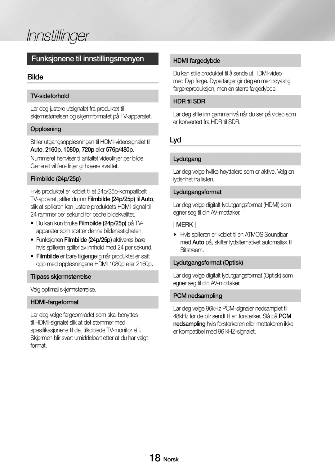 Samsung UBD-M7500/XE manual Funksjonene til innstillingsmenyen, Bilde, Lyd 