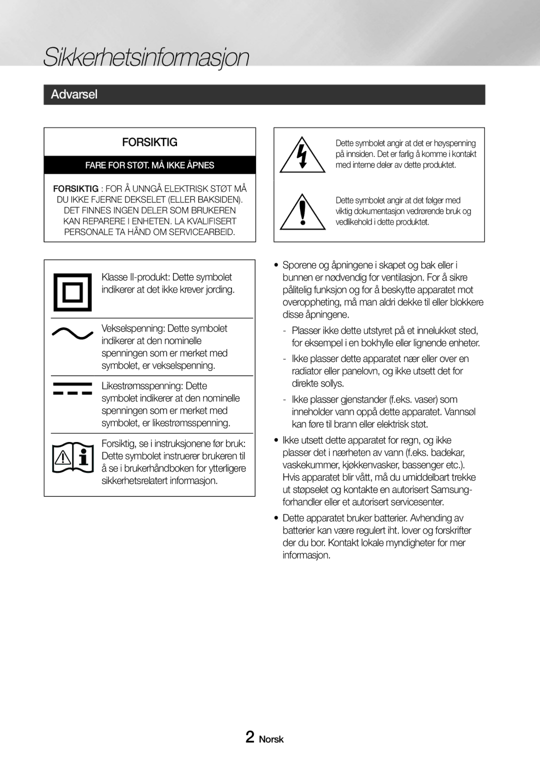 Samsung UBD-M7500/XE manual Sikkerhetsinformasjon, Forsiktig 