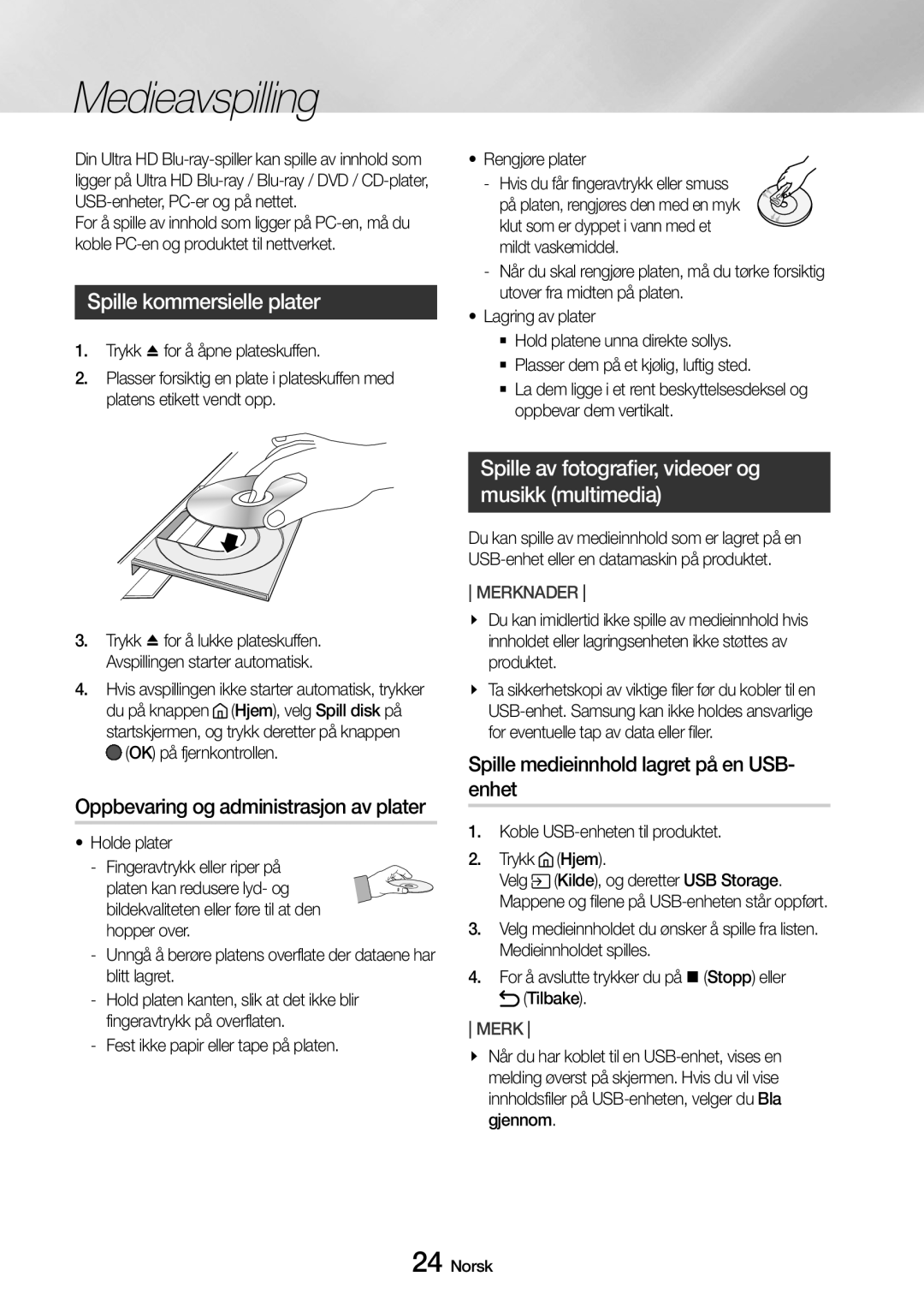 Samsung UBD-M7500/XE manual Medieavspilling, Spille kommersielle plater, Oppbevaring og administrasjon av plater 