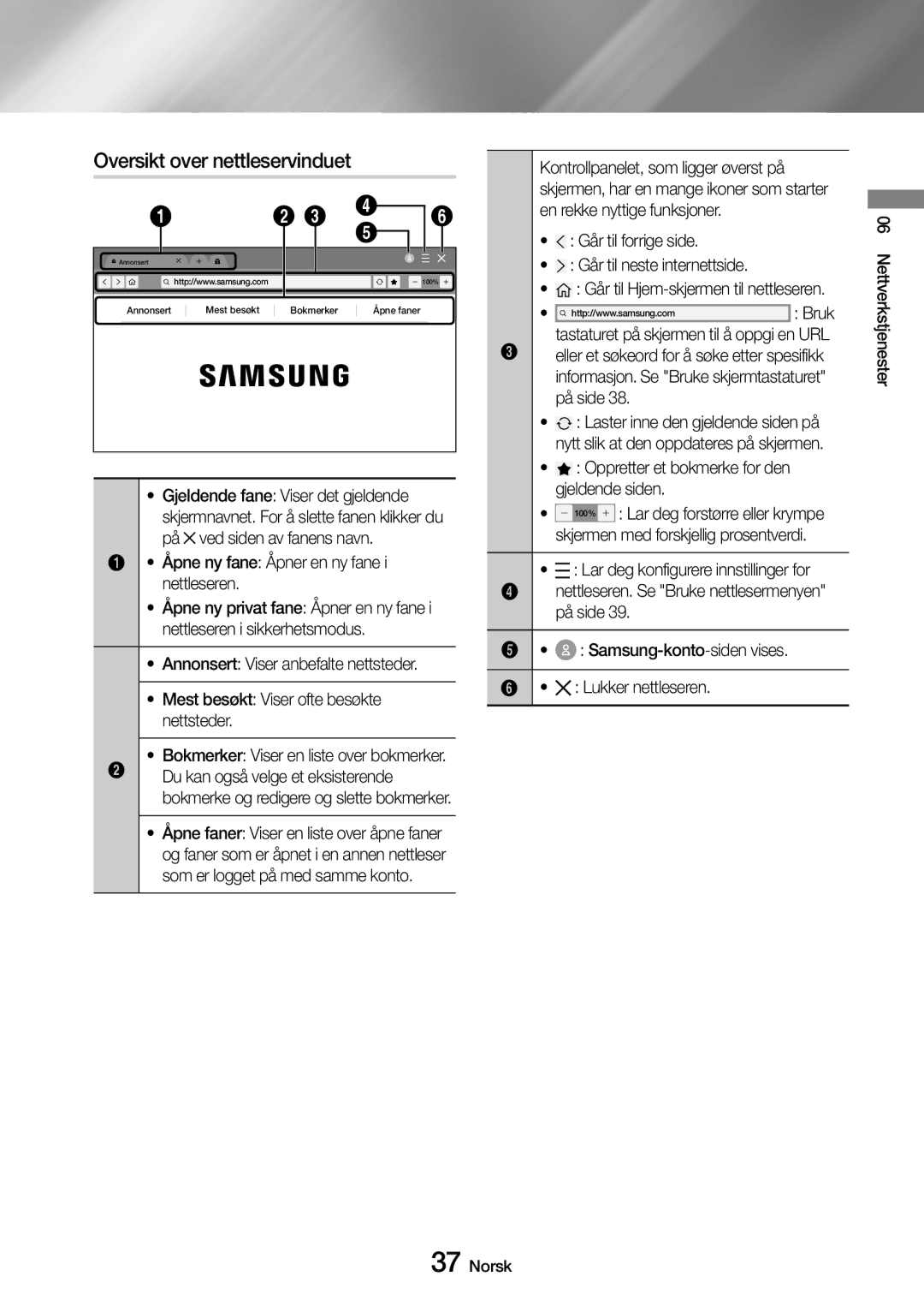 Samsung UBD-M7500/XE manual Oversikt over nettleservinduet 