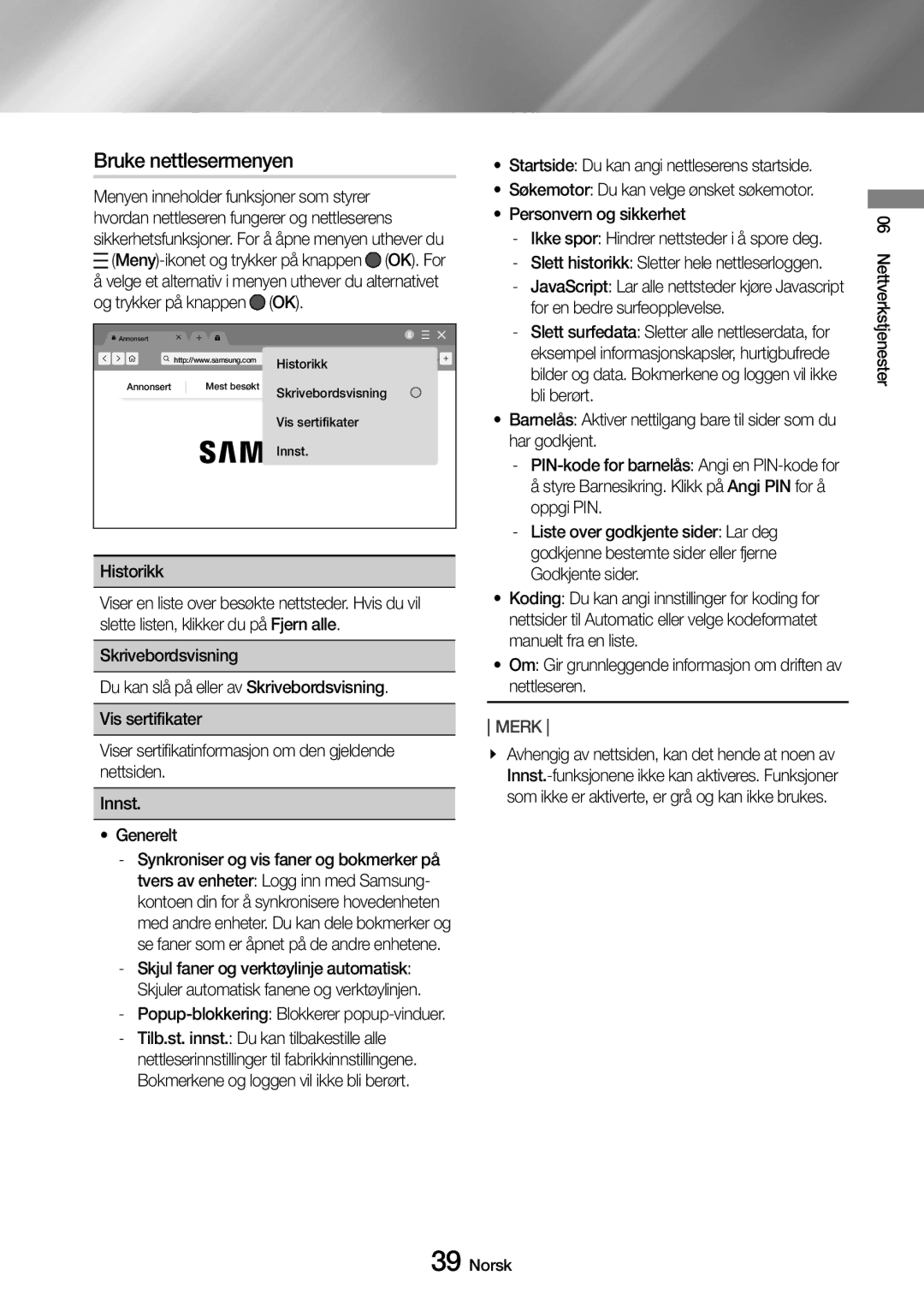 Samsung UBD-M7500/XE manual Bruke nettlesermenyen, Generelt Synkroniser tvers av enheter 