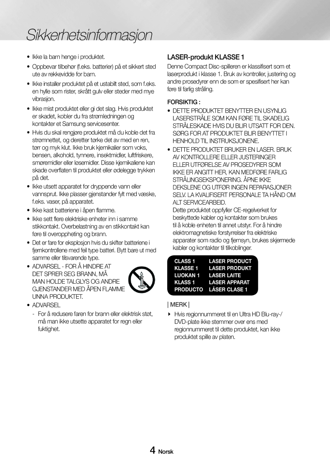 Samsung UBD-M7500/XE manual LASER-produkt Klasse, Forsiktig 