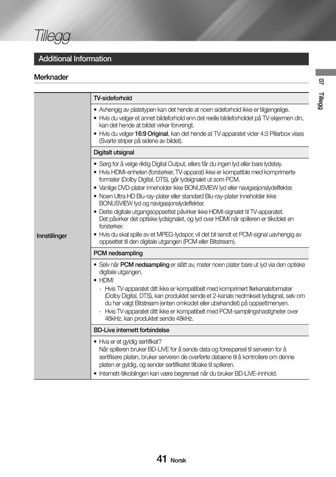 Samsung UBD-M7500/XE manual Tillegg, Additional Information, Merknader 