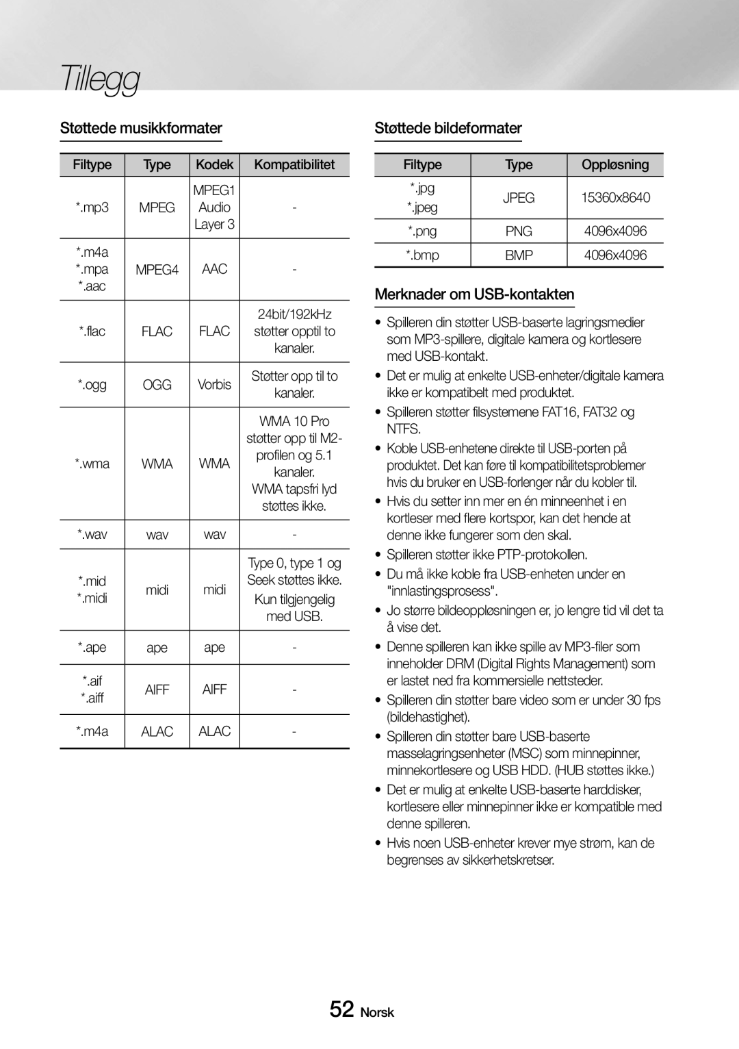 Samsung UBD-M7500/XE manual Støttede musikkformater, Støttede bildeformater, Merknader om USB-kontakten, Mpeg, Bmp 