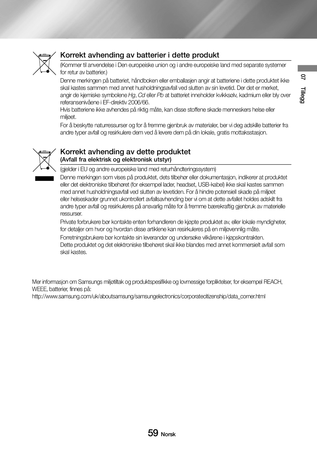 Samsung UBD-M7500/XE manual Korrekt avhending av batterier i dette produkt 