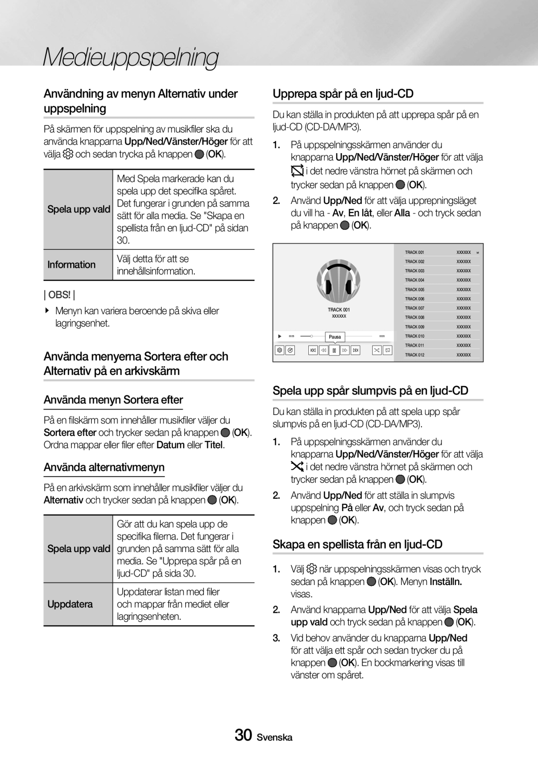 Samsung UBD-M7500/XE manual Användning av menyn Alternativ under uppspelning, Upprepa spår på en ljud-CD 