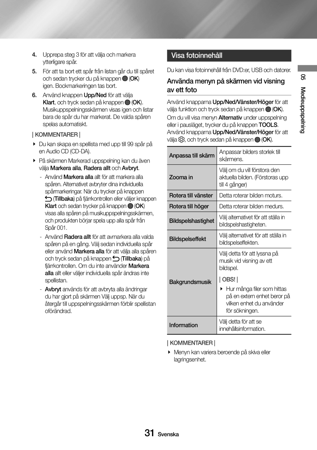 Samsung UBD-M7500/XE manual Visa fotoinnehåll, Använda menyn på skärmen vid visning av ett foto 