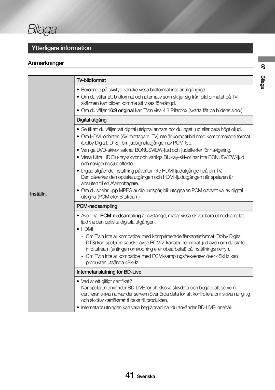 Samsung UBD-M7500/XE manual Bilaga, Ytterligare information, Anmärkningar, Hdmi 