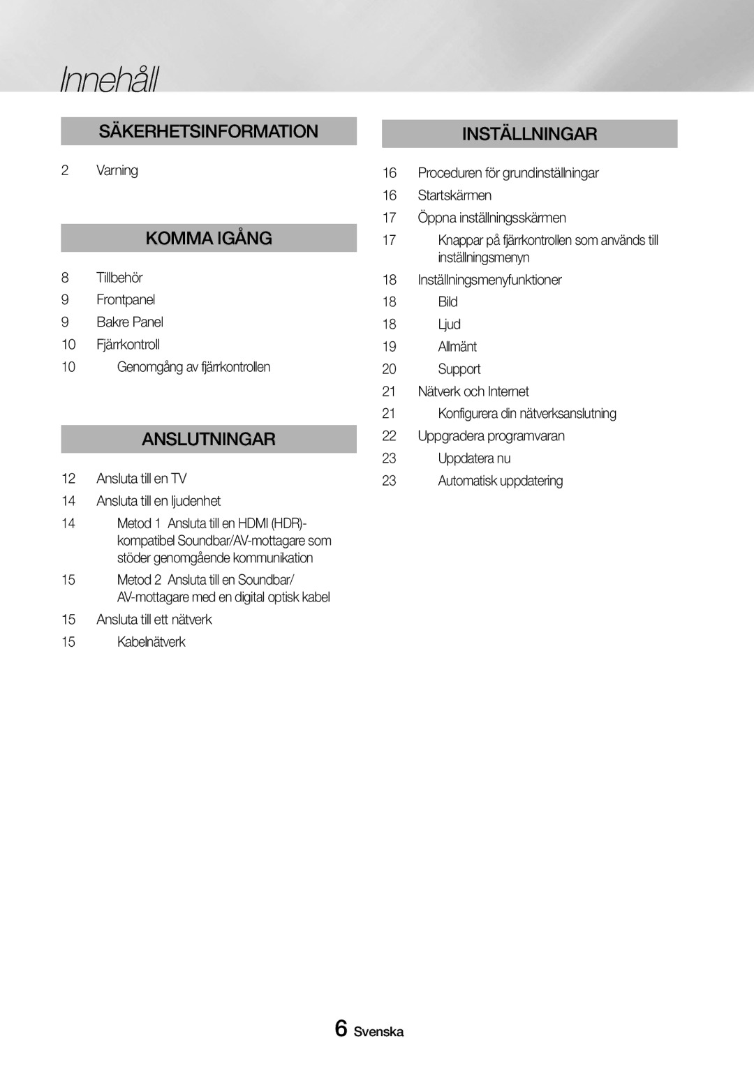 Samsung UBD-M7500/XE manual Innehåll, Varning, Tillbehör Frontpanel Bakre Panel 10 Fjärrkontroll 