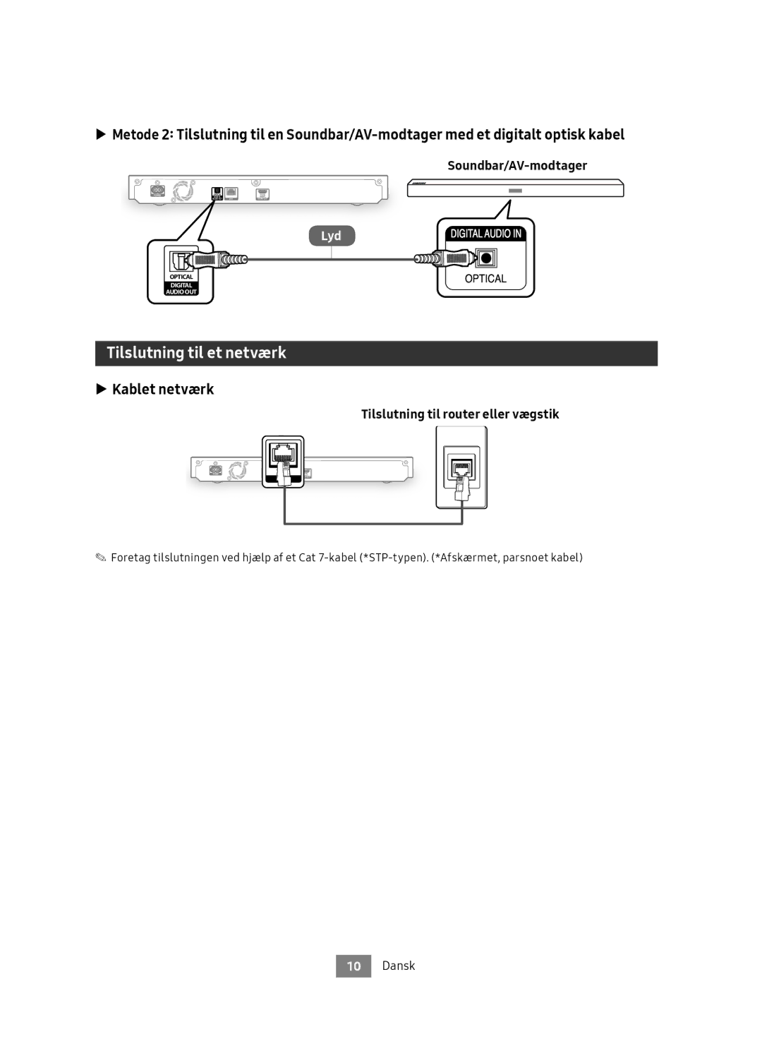 Samsung UBD-M7500/XE manual Tilslutning til et netværk, Kablet netværk, Tilslutning til router eller vægstik 