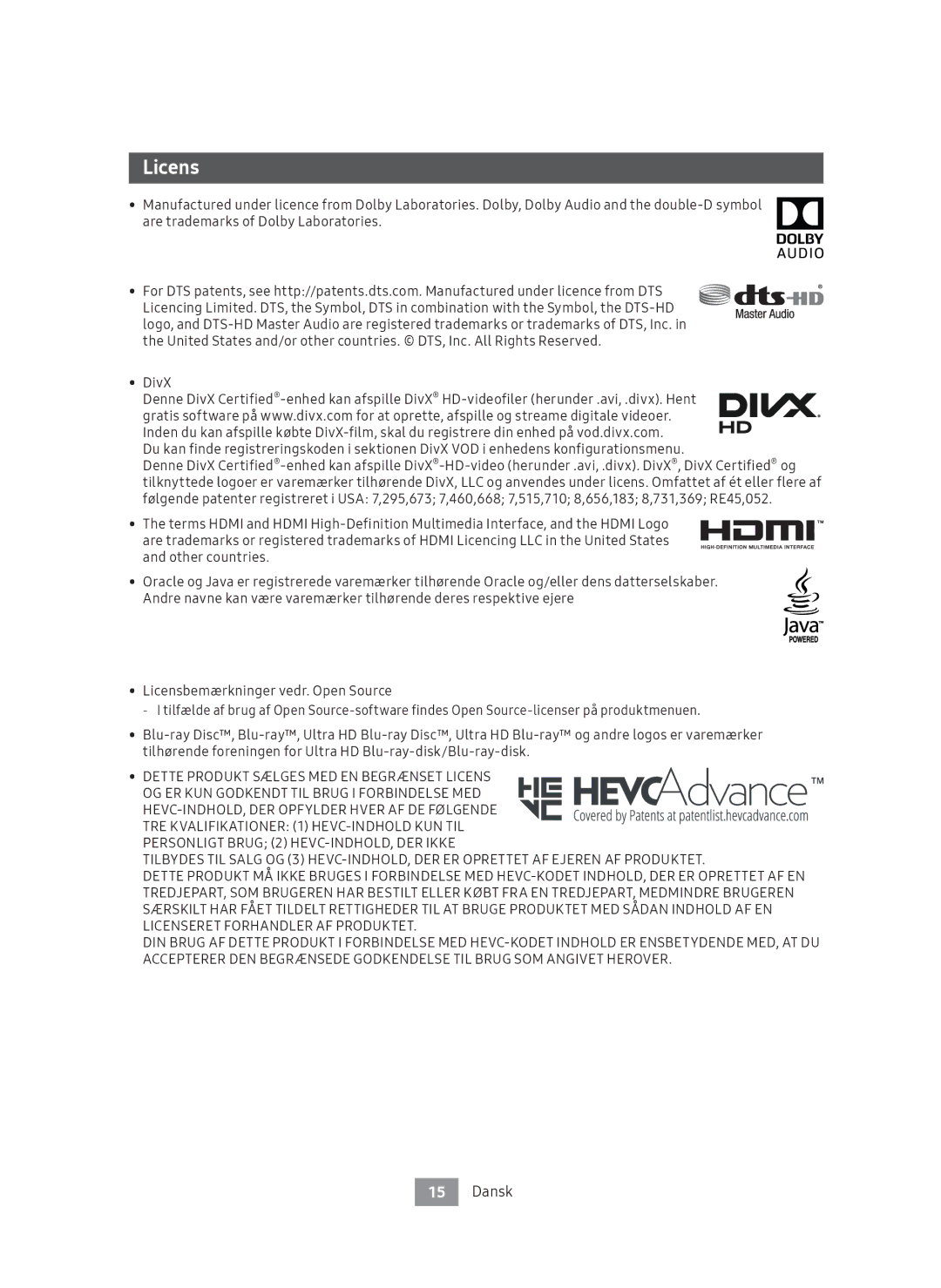 Samsung UBD-M7500/XE manual Dette Produkt Sælges MED EN Begrænset Licens 