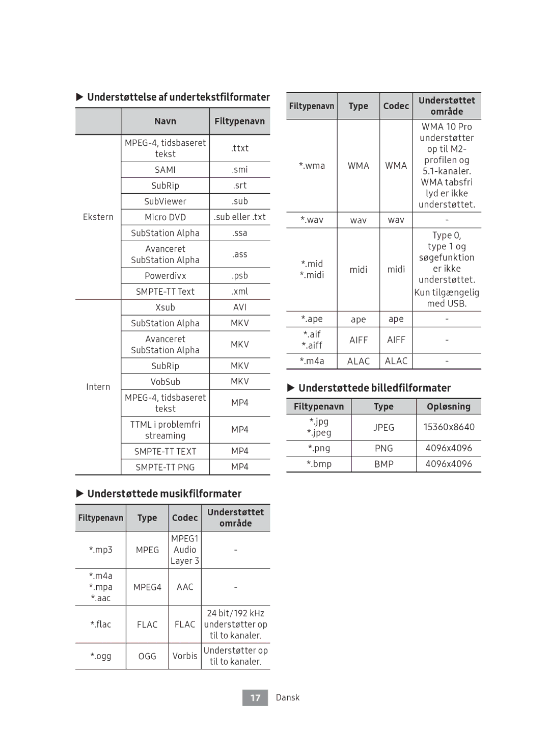 Samsung UBD-M7500/XE manual Understøttelse af undertekstfilformater, Understøttede musikfilformater 