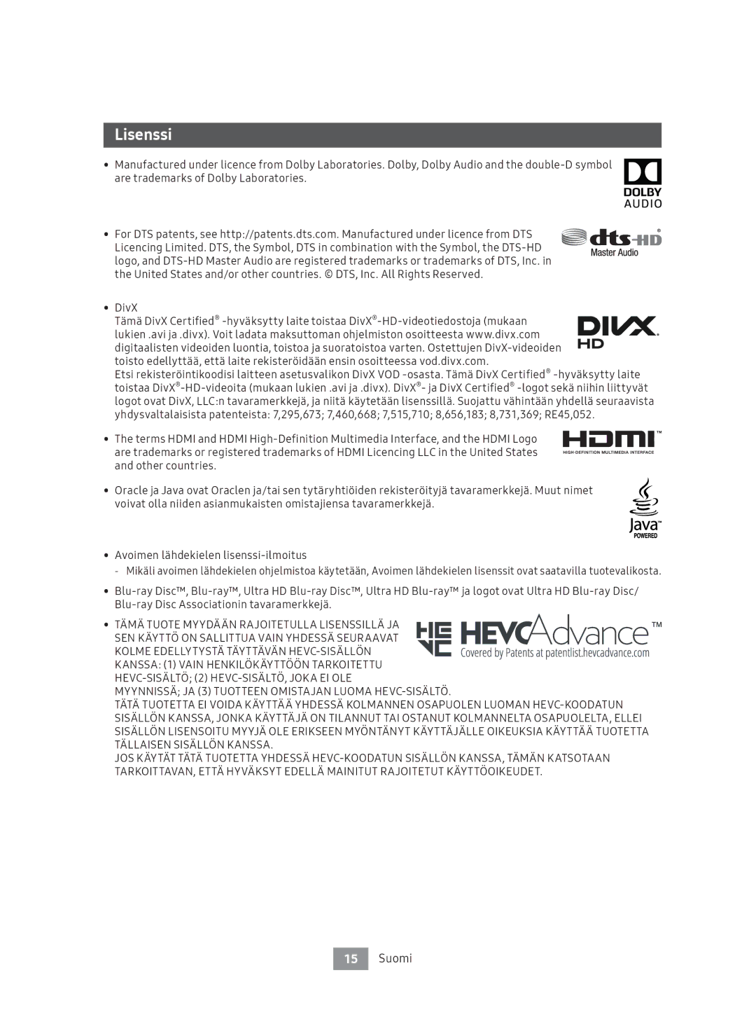 Samsung UBD-M7500/XE manual Lisenssi 