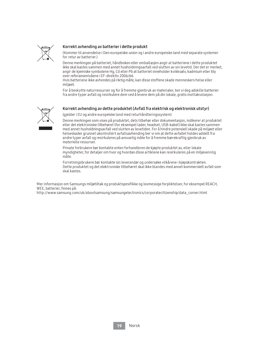 Samsung UBD-M7500/XE manual Korrekt avhending av batterier i dette produkt 