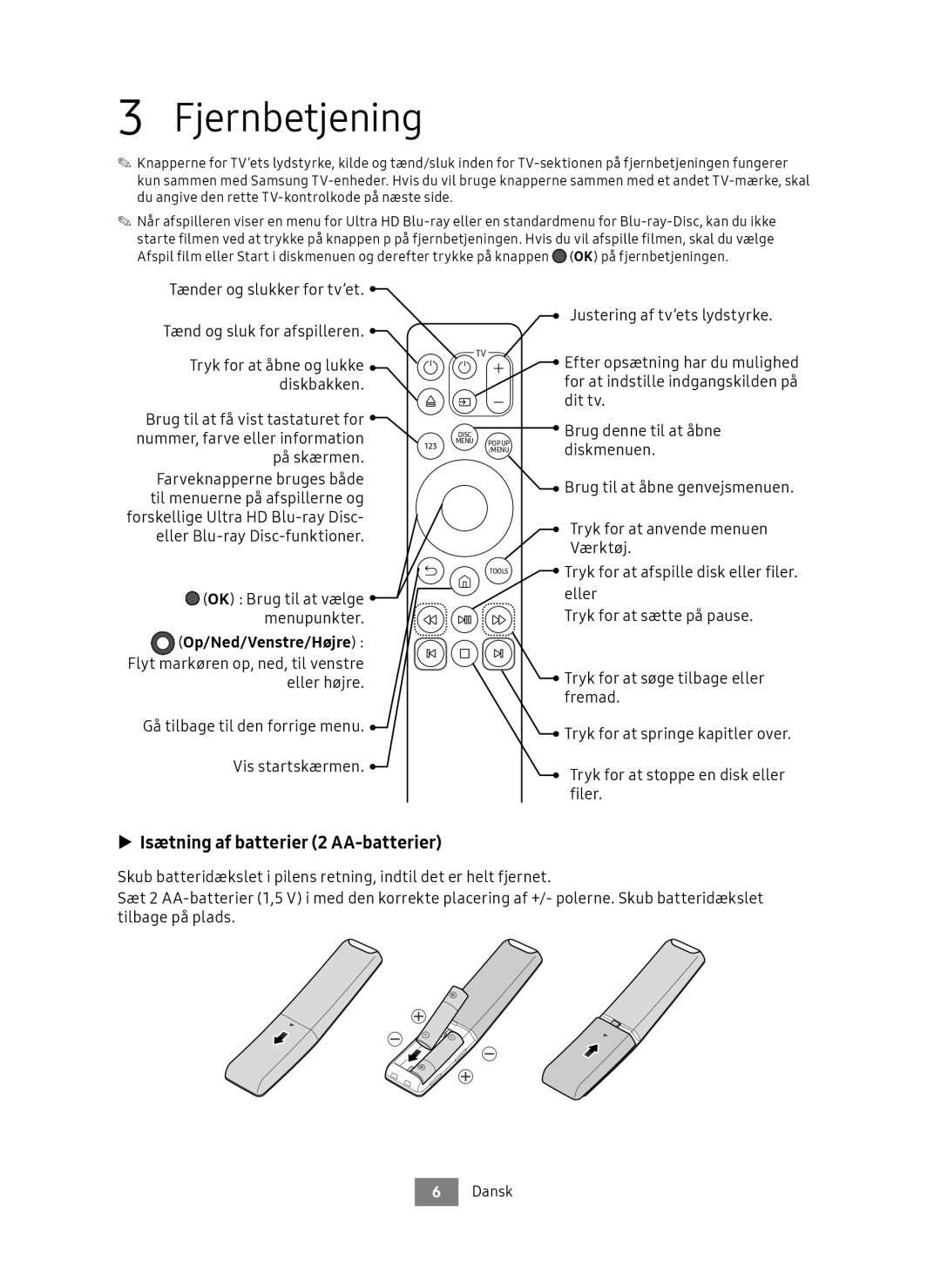 Samsung UBD-M7500/XE manual Fjernbetjening, Isætning af batterier 2 AA-batterier, Tænder og slukker for tv’et 