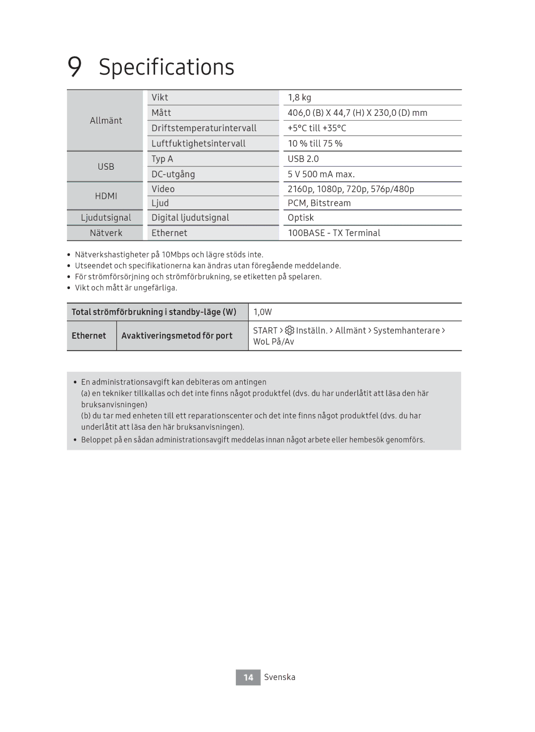 Samsung UBD-M7500/XE manual Specifications, Start Inställn. Allmänt Systemhanterare, WoL På/Av 