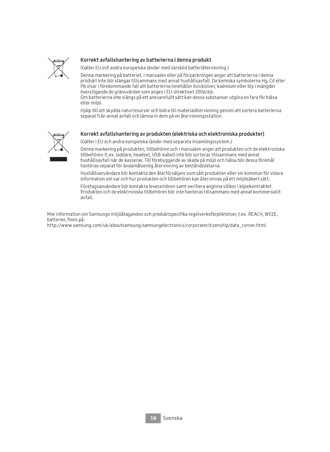 Samsung UBD-M7500/XE manual Korrekt avfallshantering av batterierna i denna produkt 