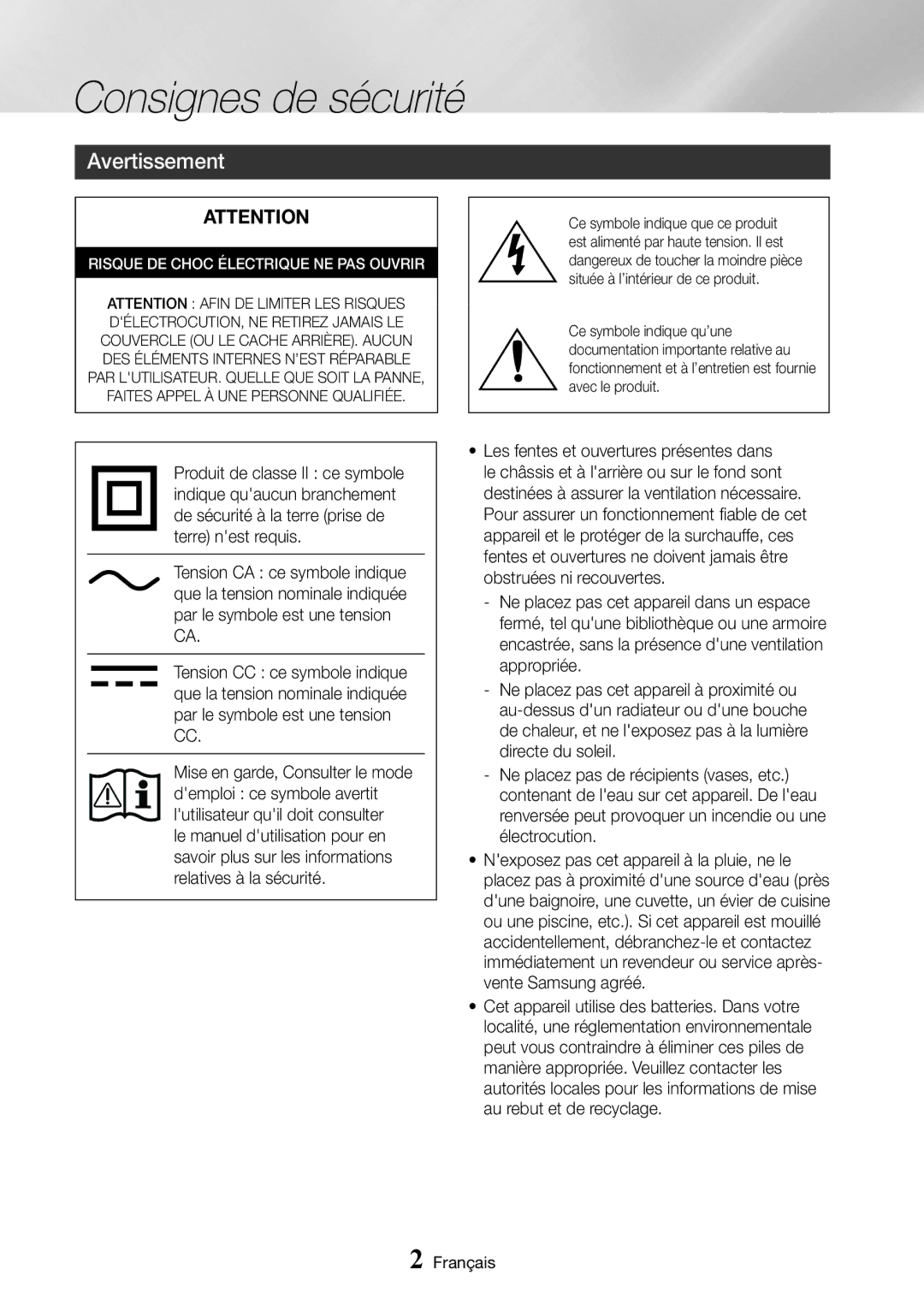 Samsung UBD-M7500/ZF manual Consignes de sécurité, Avertissement 