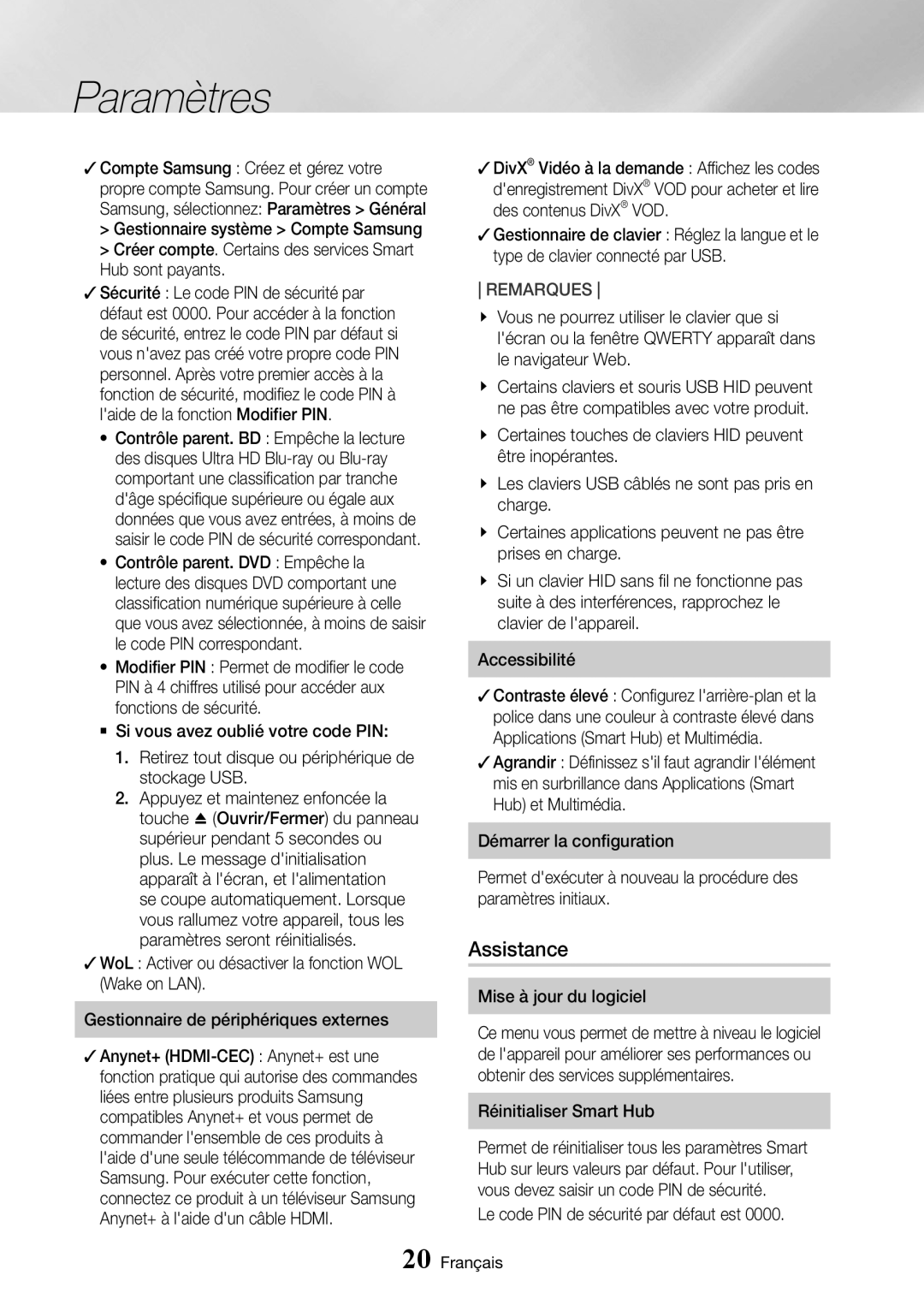 Samsung UBD-M7500/ZF manual Assistance, Le code PIN de sécurité par défaut est 