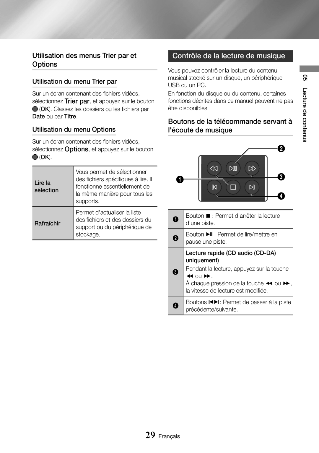 Samsung UBD-M7500/ZF manual Utilisation des menus Trier par et Options, Contrôle de la lecture de musique 