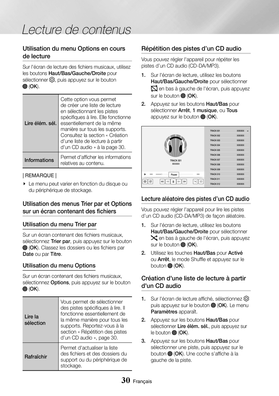 Samsung UBD-M7500/ZF manual Utilisation du menu Options en cours de lecture, Répétition des pistes d’un CD audio 