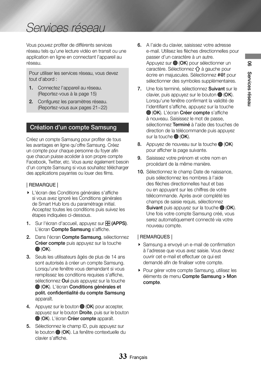 Samsung UBD-M7500/ZF manual Services réseau, Création d’un compte Samsung, Nouveau compte 