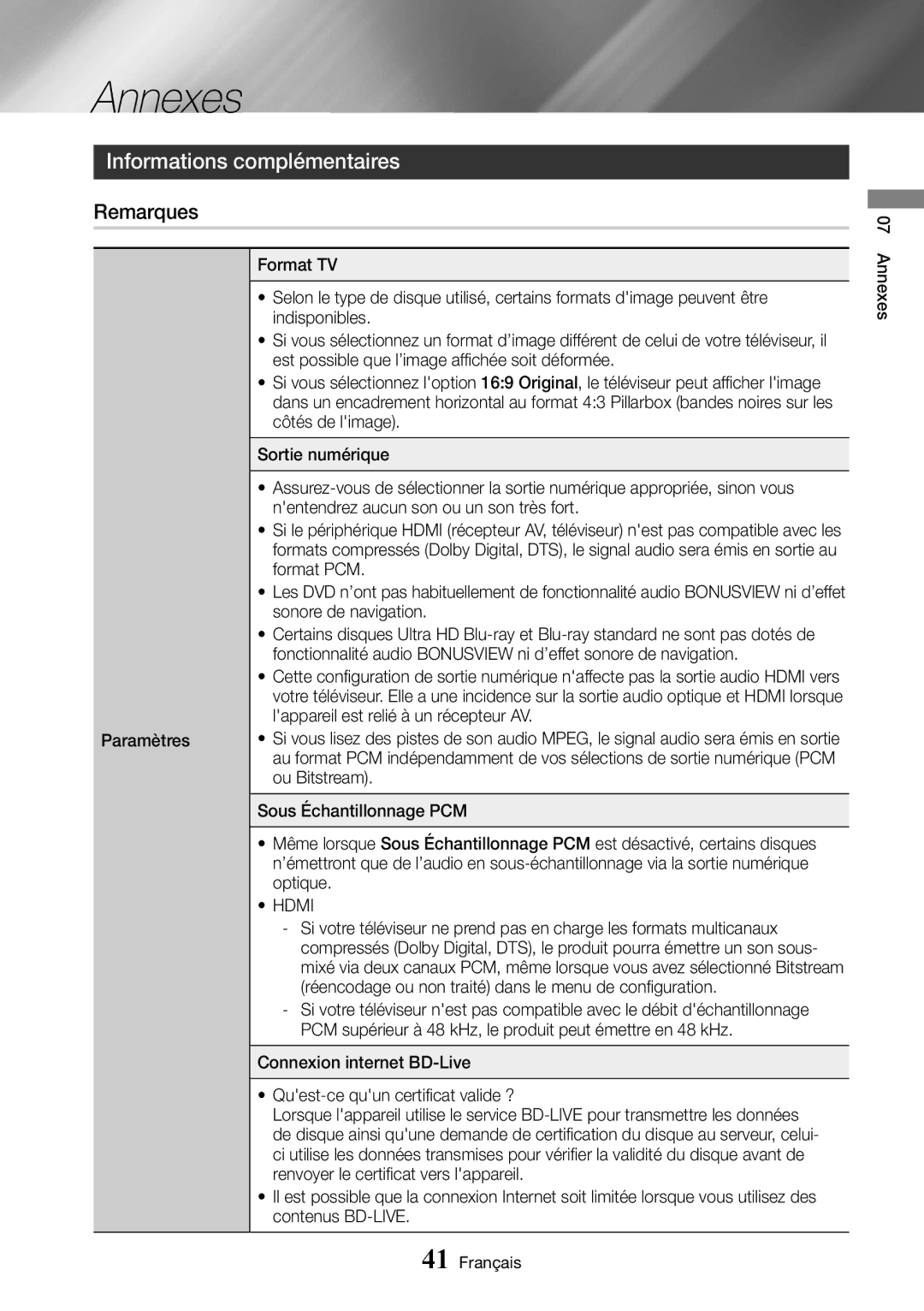 Samsung UBD-M7500/ZF manual Annexes, Informations complémentaires, Remarques 