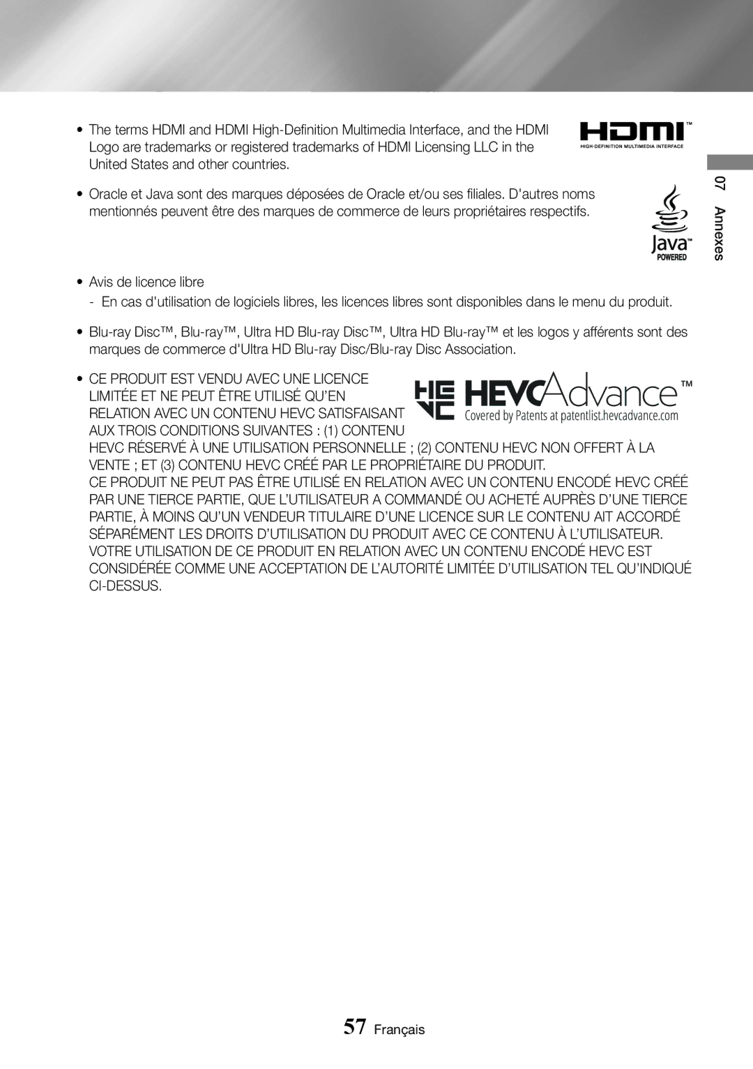 Samsung UBD-M7500/ZF manual Annexes Français 