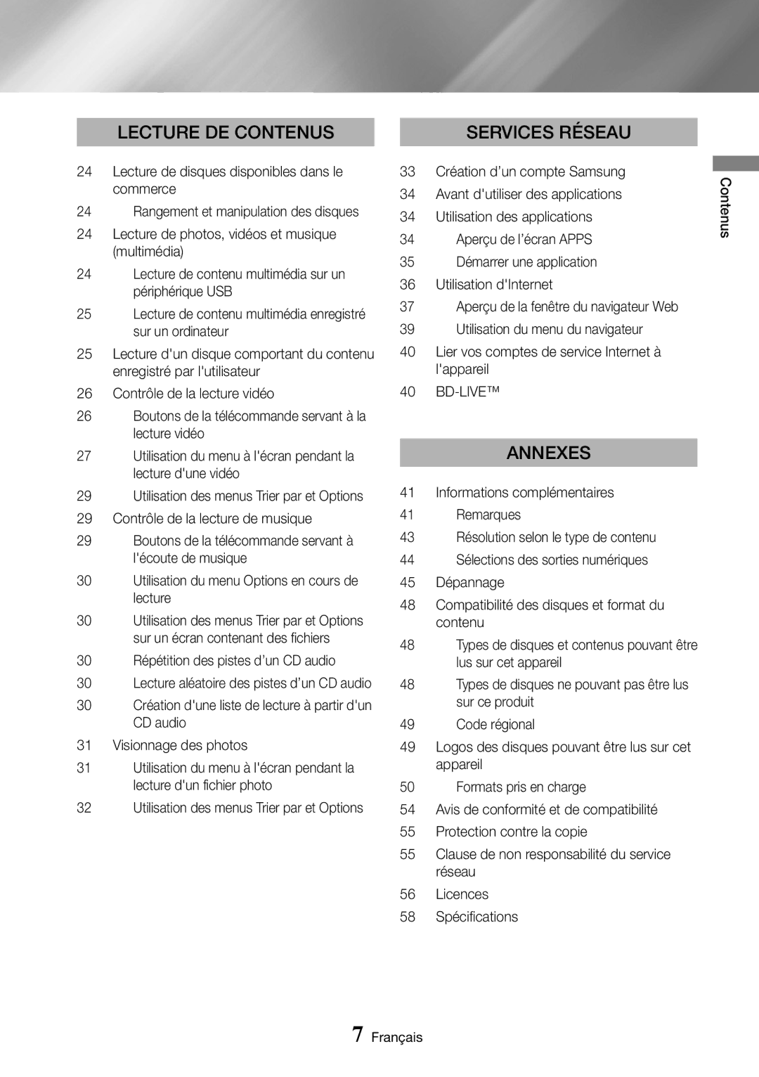 Samsung UBD-M7500/ZF manual Bd-Live, Réseau, Licences, Spécifications 