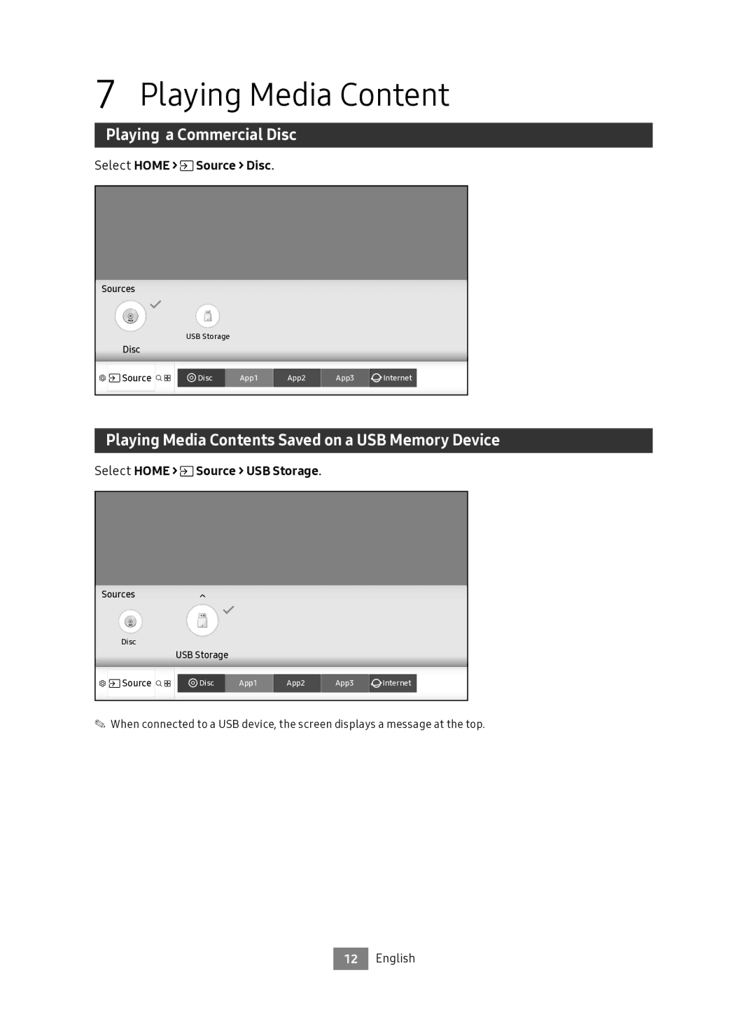 Samsung UBD-M7500/ZF manual Playing a Commercial Disc, Playing Media Contents Saved on a USB Memory Device 