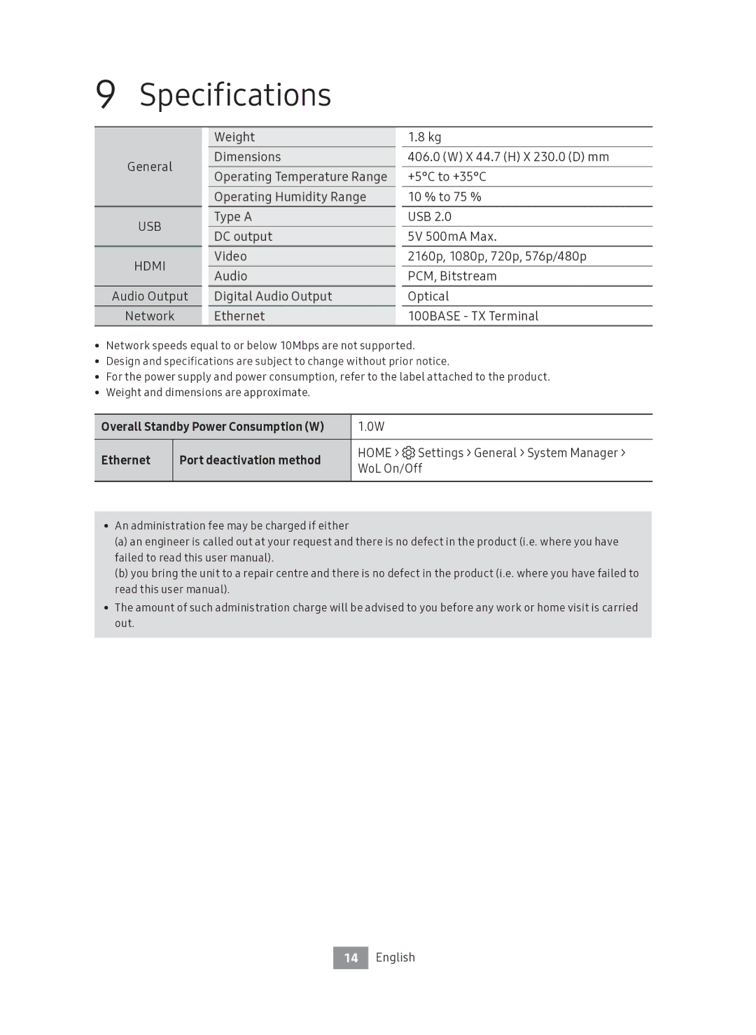 Samsung UBD-M7500/ZF manual Specifications, Ethernet Port deactivation method, Home Settings General System Manager 