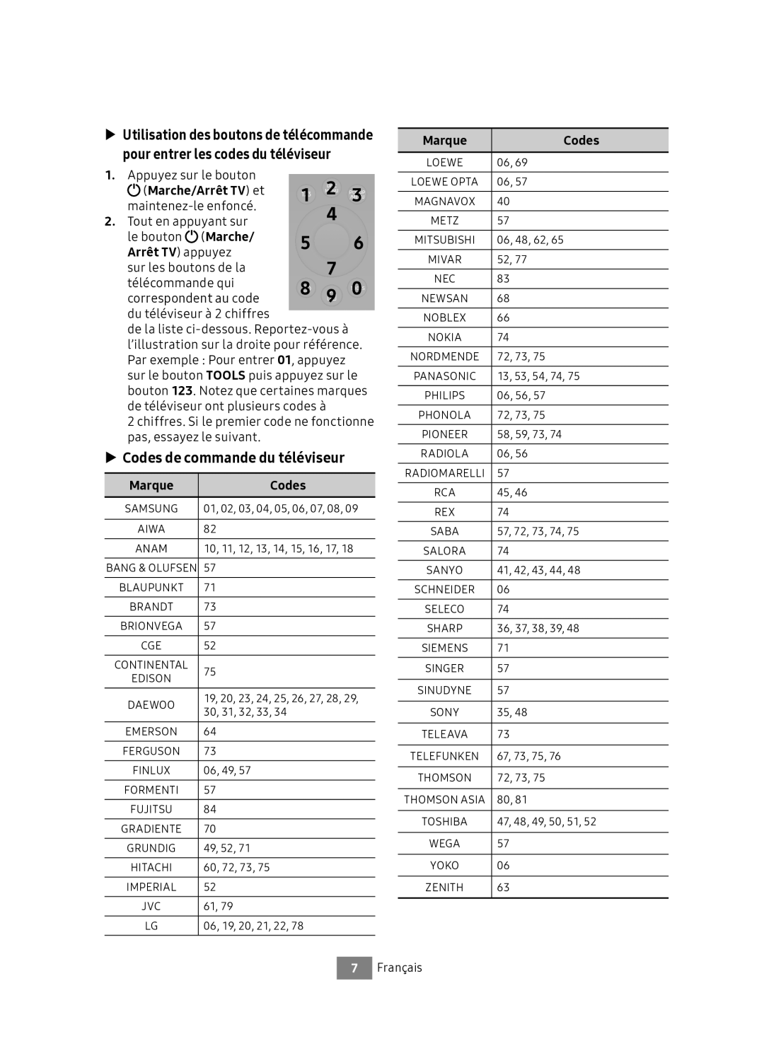 Samsung UBD-M7500/ZF manual Codes de commande du téléviseur, Marche/Arrêt TV et, Correspondent au code, Marque Codes 