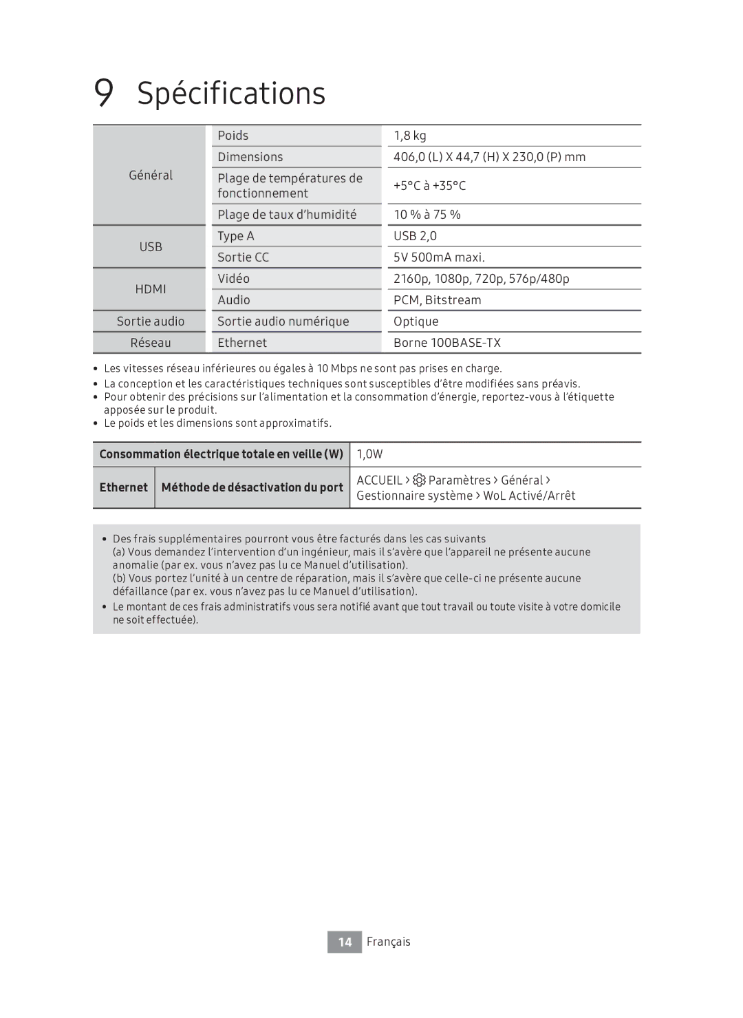 Samsung UBD-M7500/ZF manual Spécifications, Ethernet, Accueil Paramètres Général, Gestionnaire système WoL Activé/Arrêt 