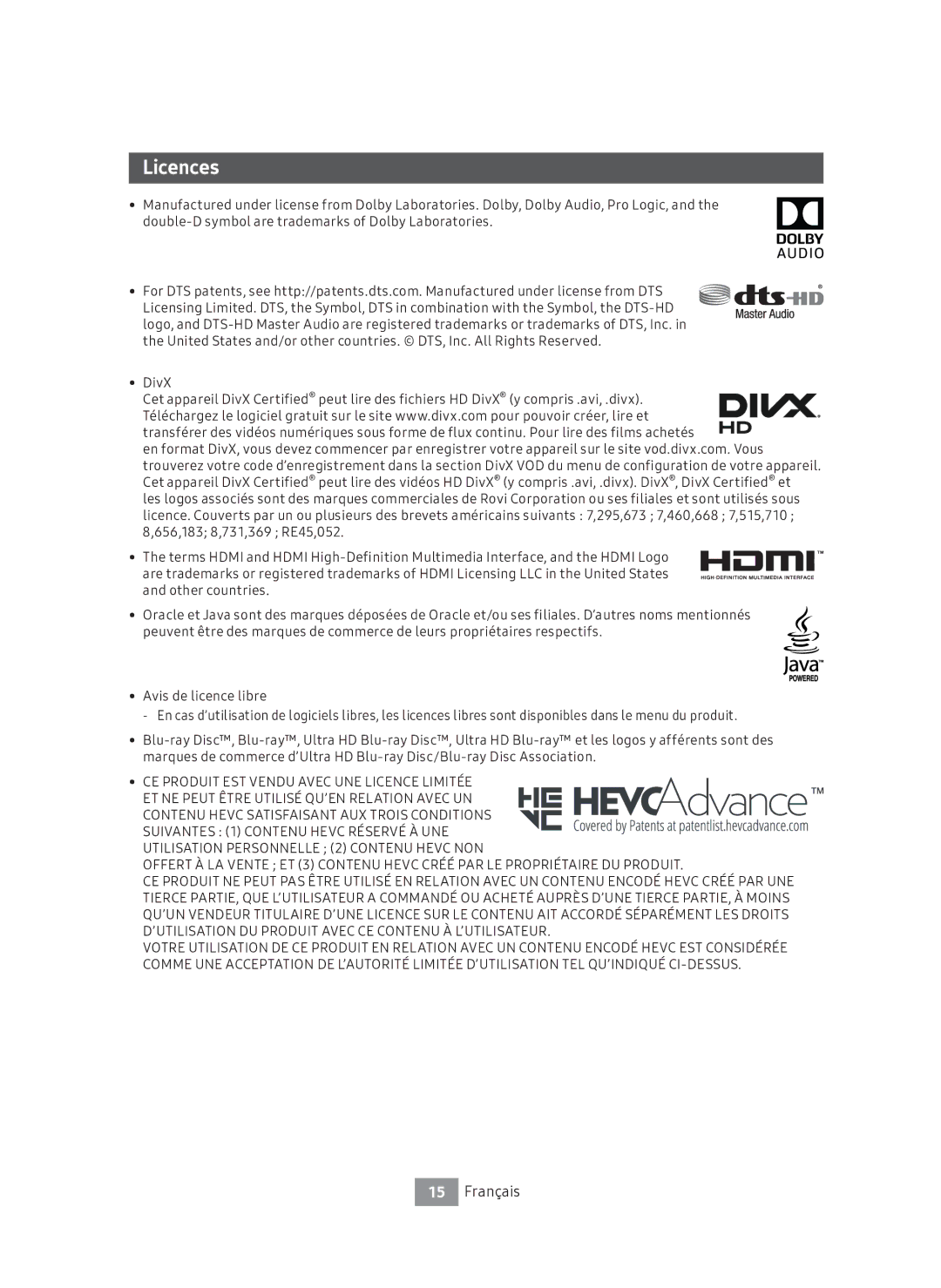 Samsung UBD-M7500/ZF manual Licences, CE Produit EST Vendu Avec UNE Licence Limitée 