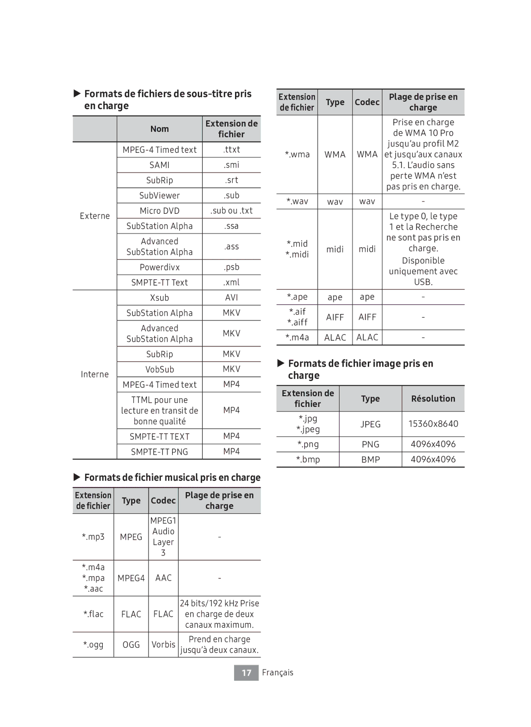 Samsung UBD-M7500/ZF manual Formats de fichiers de sous-titre pris en charge, Formats de fichier image pris en charge, Nom 