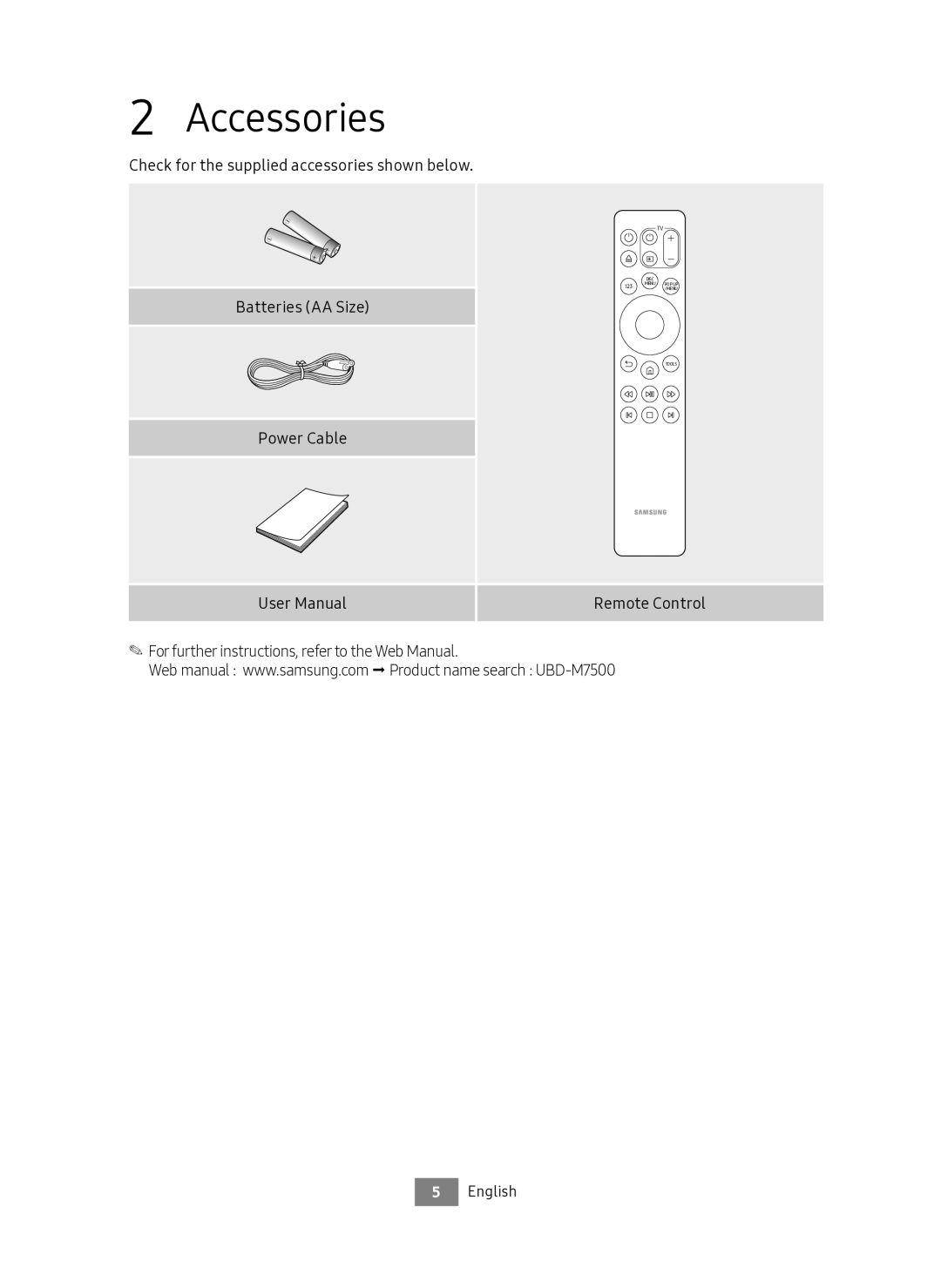 Samsung UBD-M7500/ZF manual Accessories 