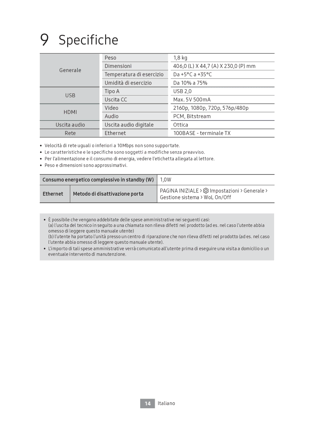 Samsung UBD-M7500/ZF manual Specifiche, Ethernet Metodo di disattivazione porta, Pagina Iniziale Impostazioni Generale 