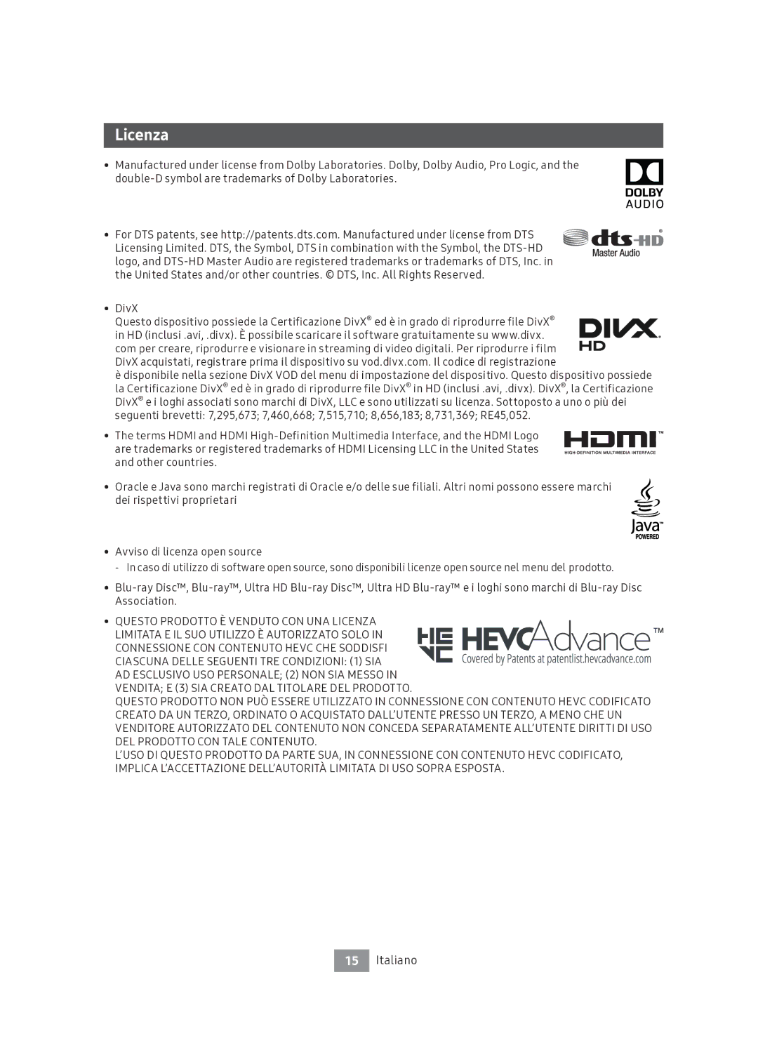 Samsung UBD-M7500/ZF manual Licenza 